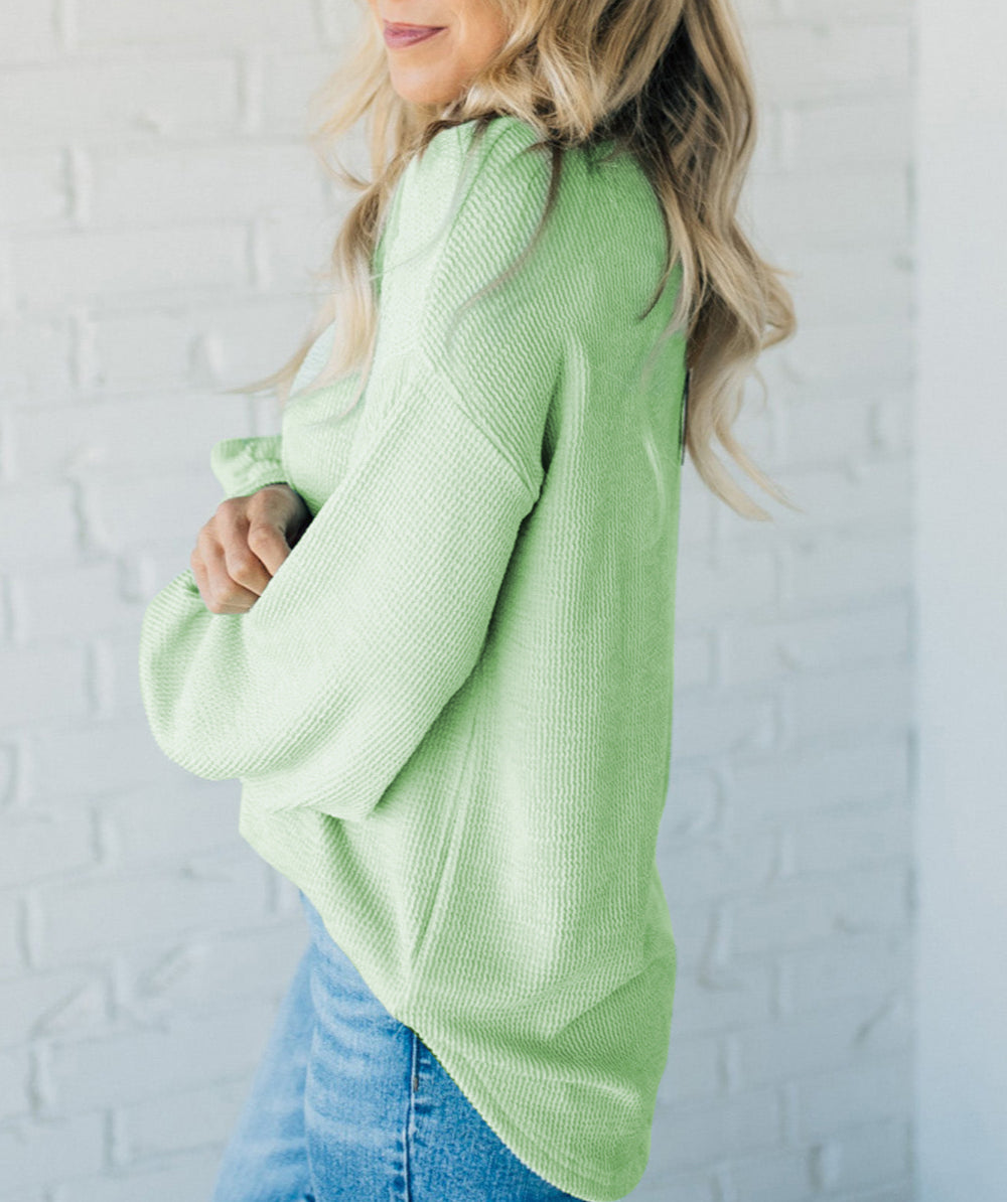 Solid Cord Ribbed Drop Shoulder Pullover Tops