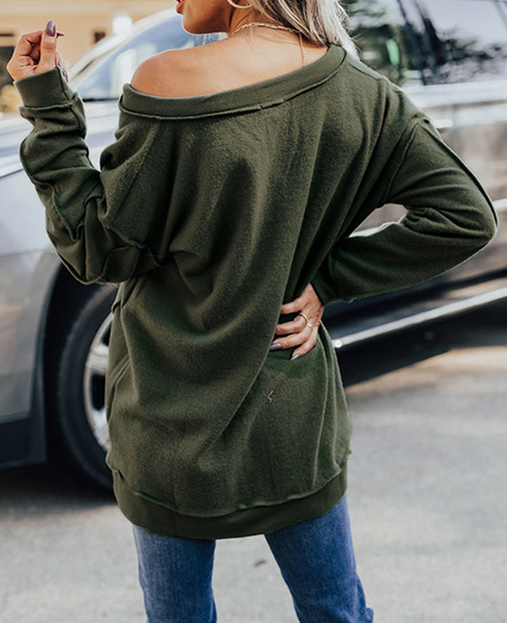 Expose Seam Detail Split Neck Long Sleeve Top