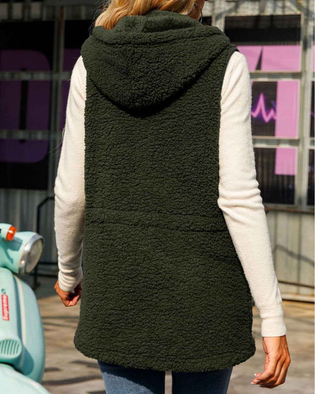 Quilted Side Pockets Stand Neck Hooded Plush Tunic Vest