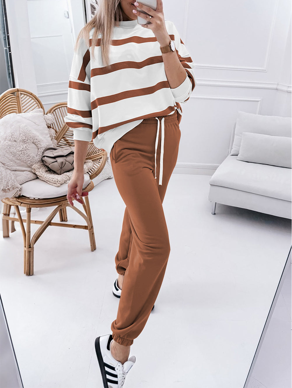 Stripe Drop Shoulder Pullover and Jogger Pants Set