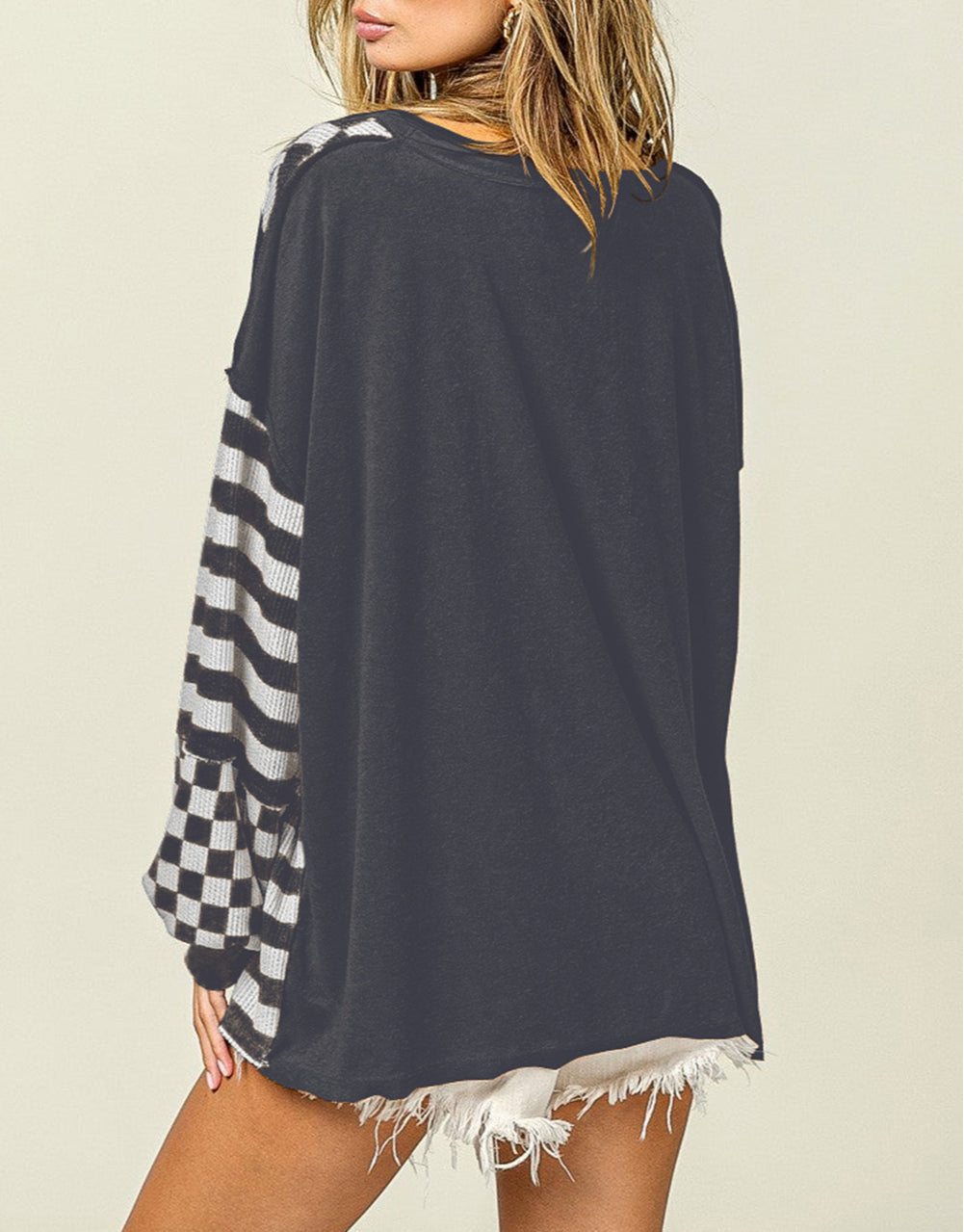 Patchwork Lantern Sleeve Pocketed Blouse
