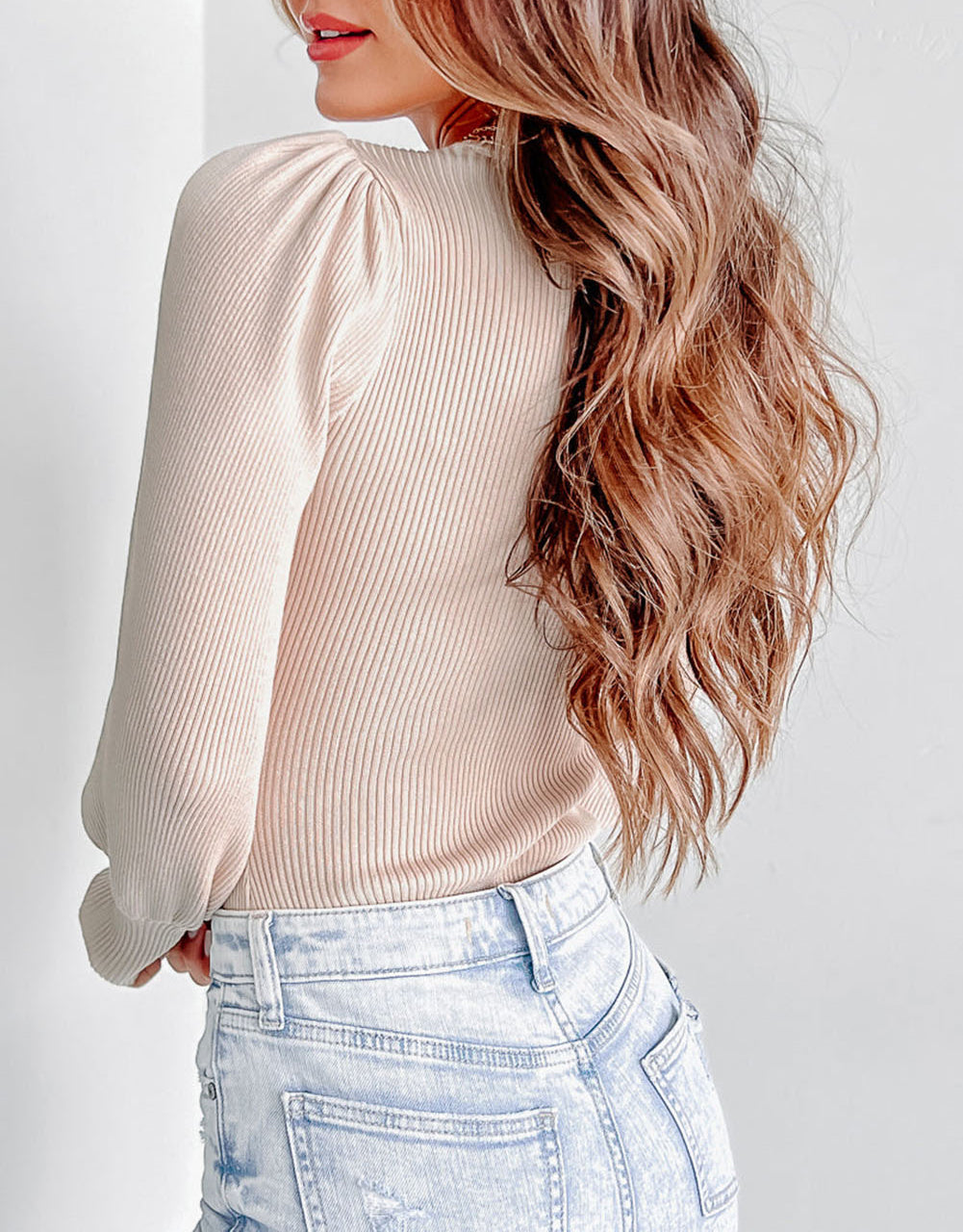 Apricot Ribbed Balloon Sleeve Bodysuit