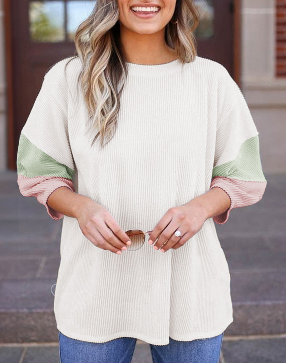 Color Block Ribbed Knit Quarter Sleeve Top