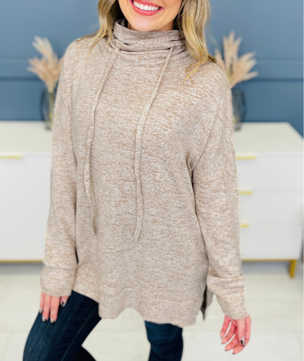 Drawstring Cowl High Neck Long Sleeve Split Top
