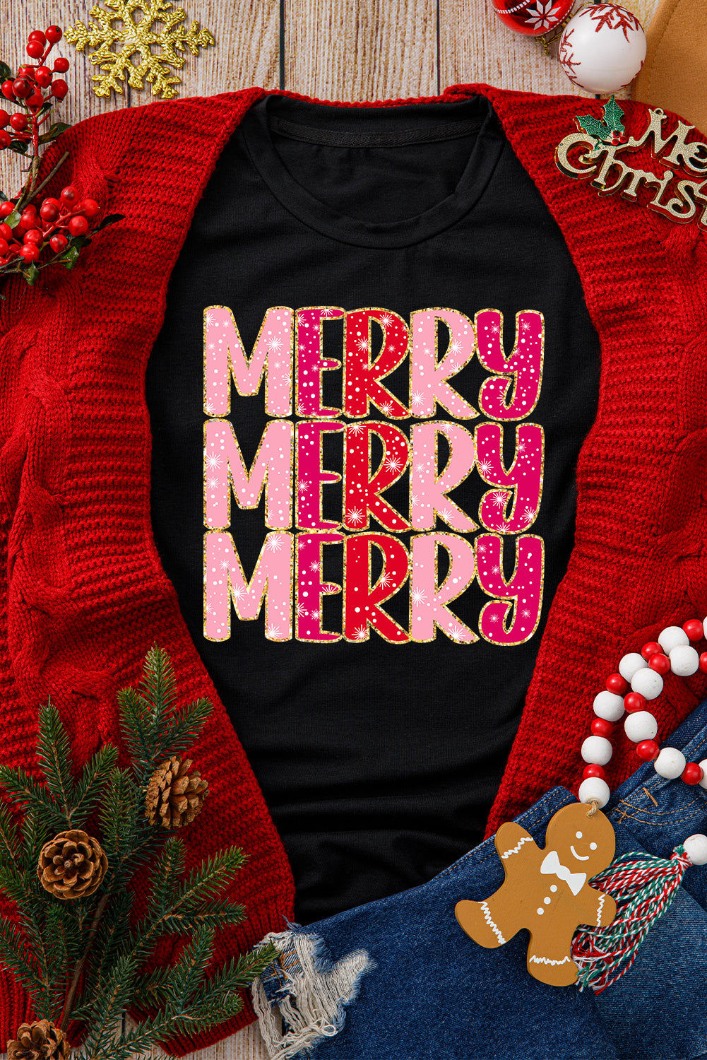 Heat Transfer Printing MERRY Letter Christmas Graphic Tee
