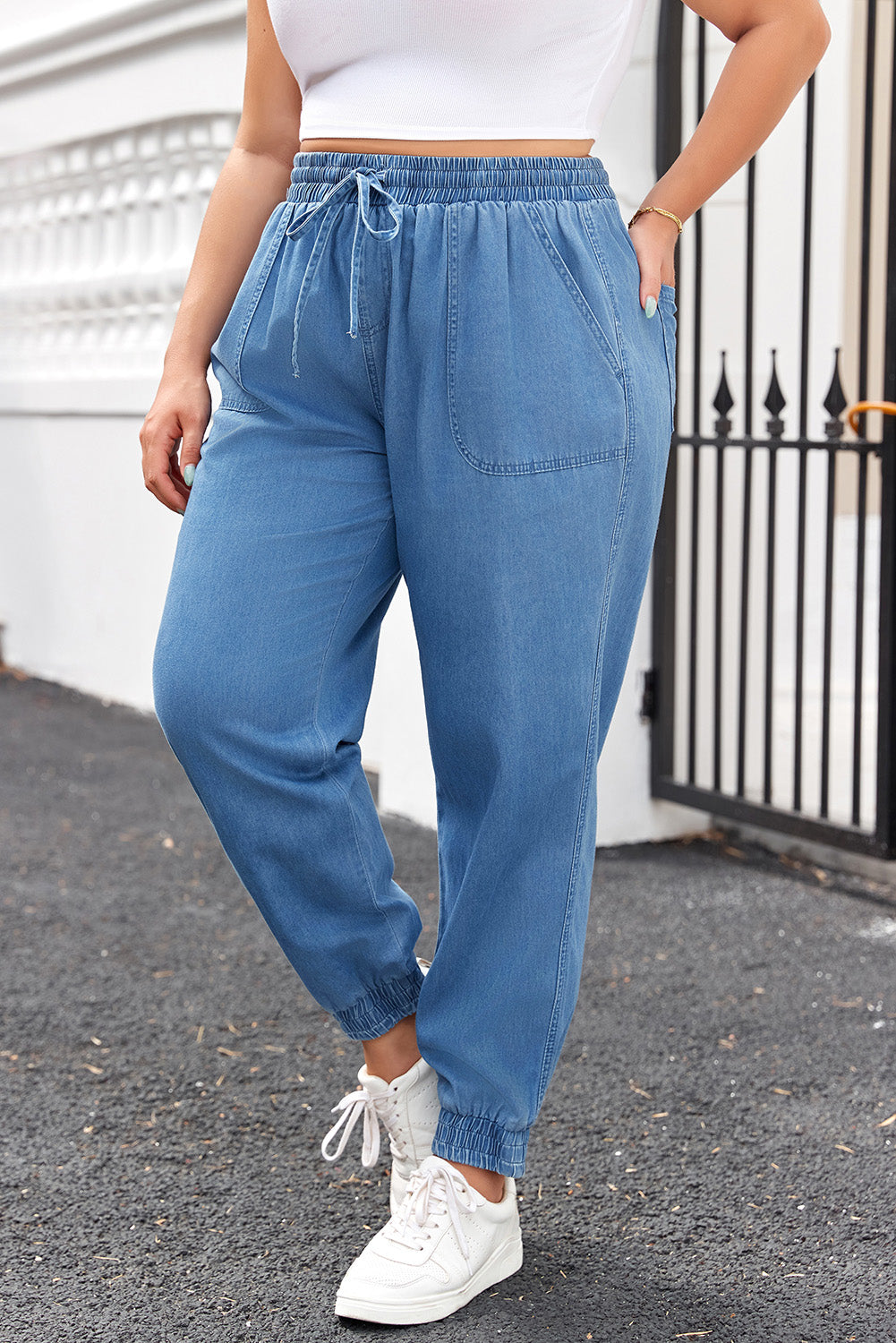 Drawstring Waist Pocketed Plus Size Denim Joggers