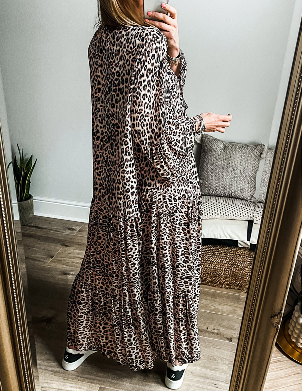 Leopard Print Tiered Wide Sleeve Maxi Dress