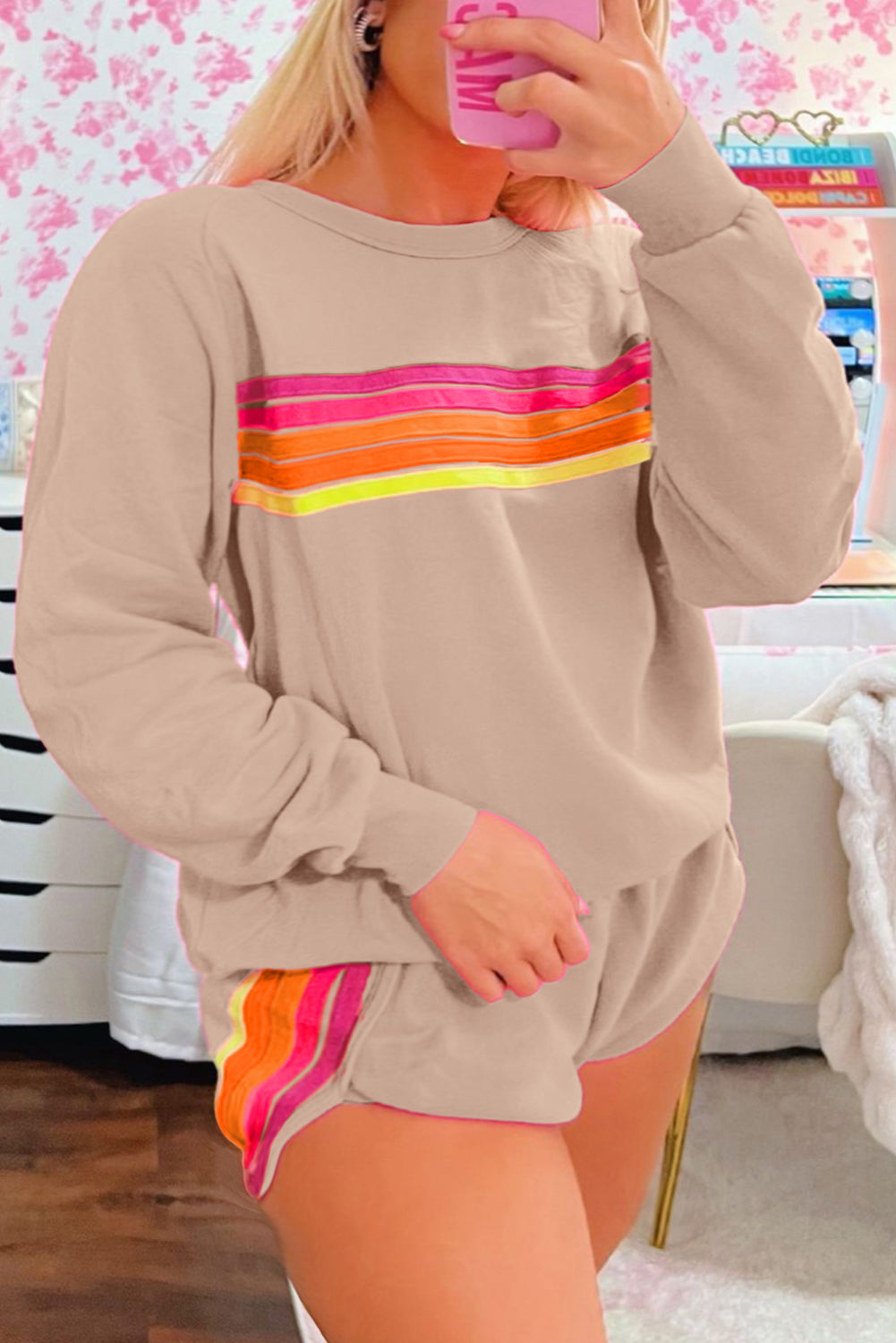 Striped Accent Pullover and Shorts Two Piece Casual Set