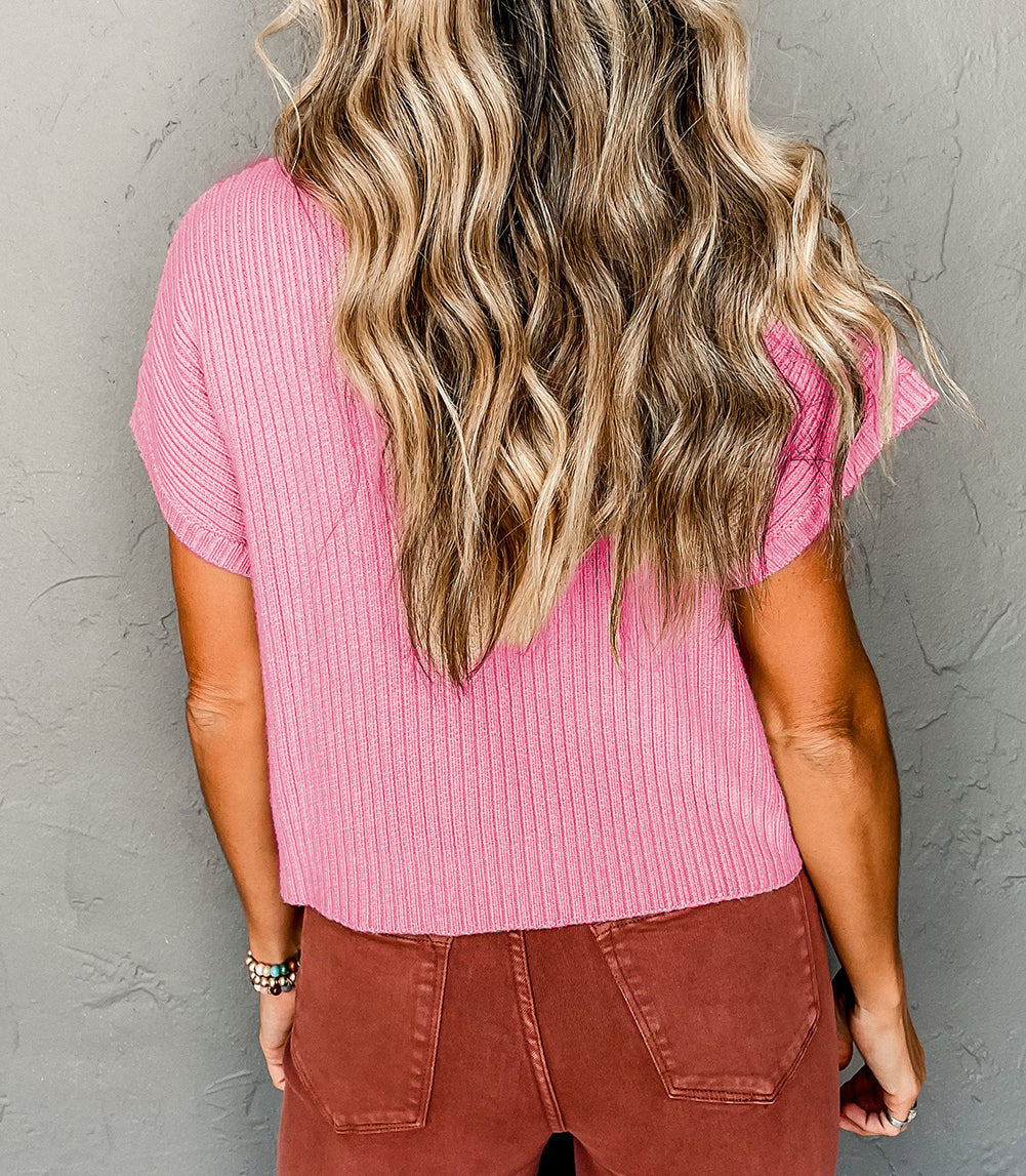 Patch Pocket Ribbed Knit Short Sleeve Sweater