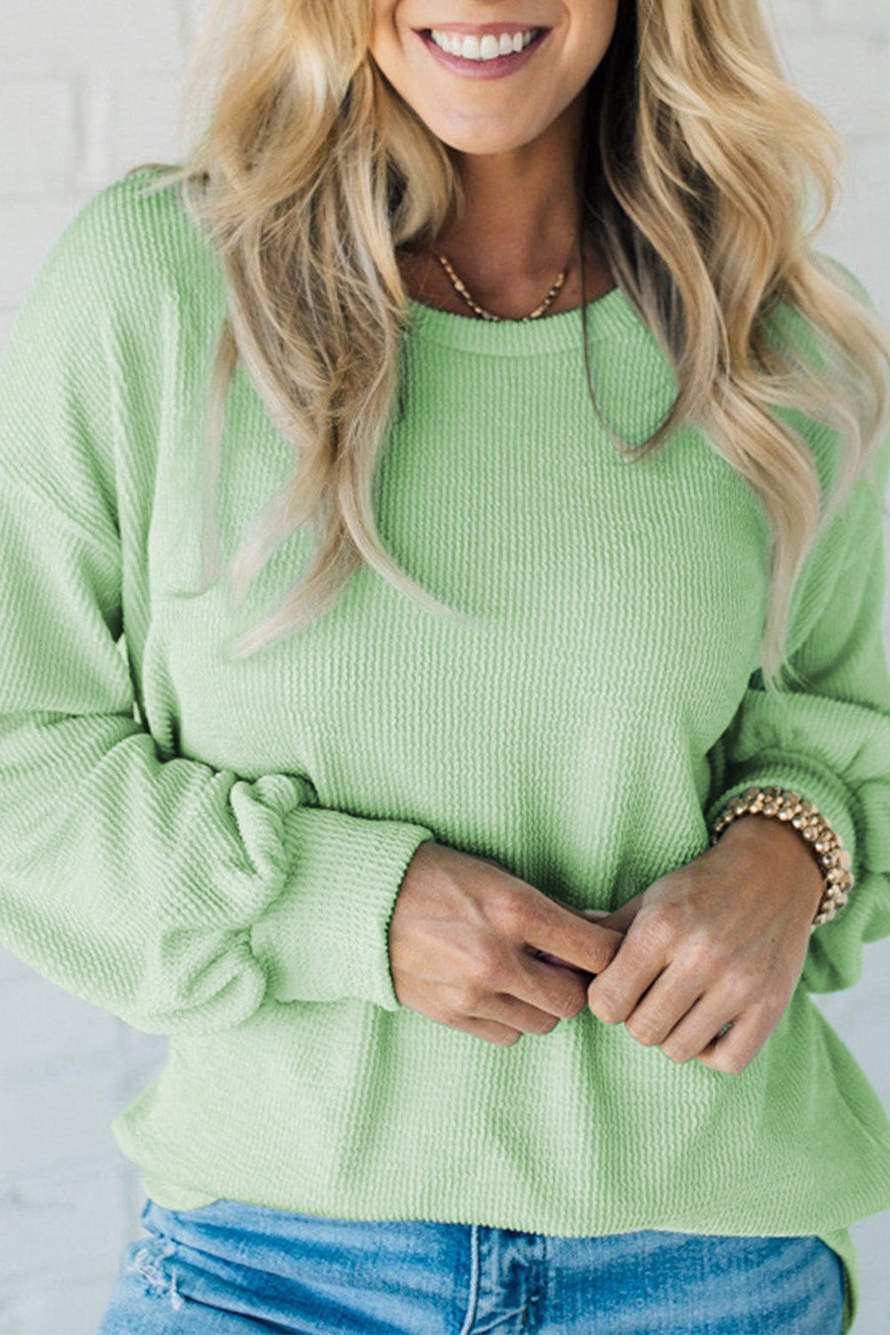 Solid Cord Ribbed Drop Shoulder Pullover Tops