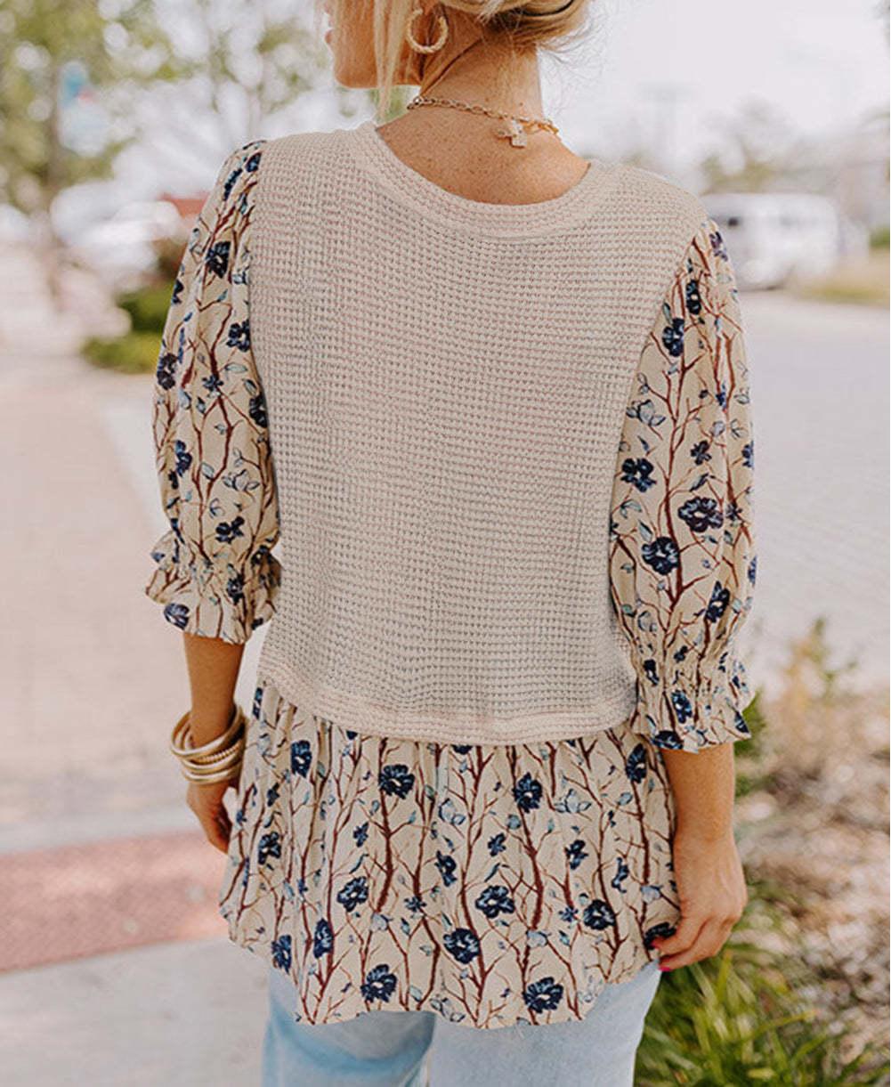 Faux Two Piece Knit Patchwork Floral Print Plus Size Top