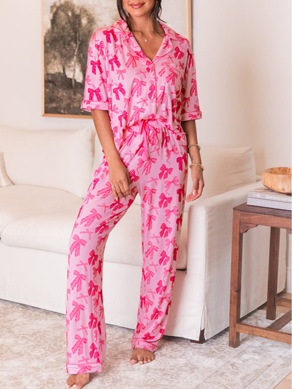 Bow Knot Print Lapel Collar Short Sleeve and Pants Pajamas Set