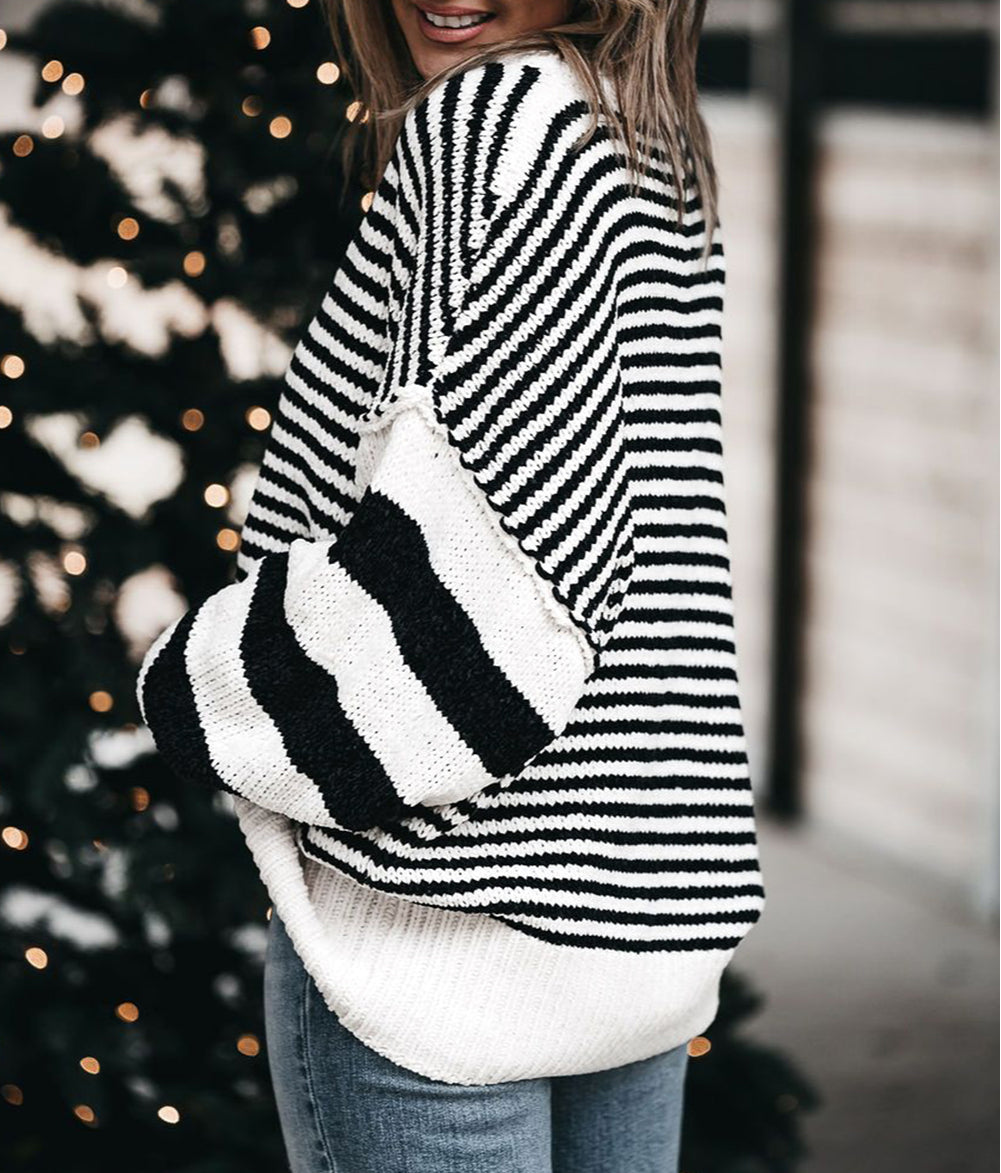 Striped Drop Shoulder Bishop Sleeve Knit Sweater