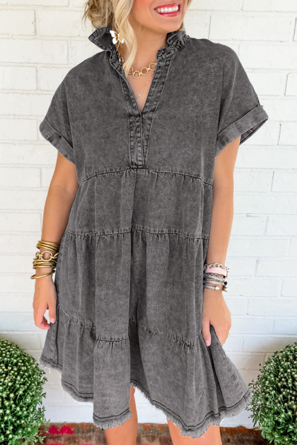 Acid Wash V Neck Tiered Denim Dress
