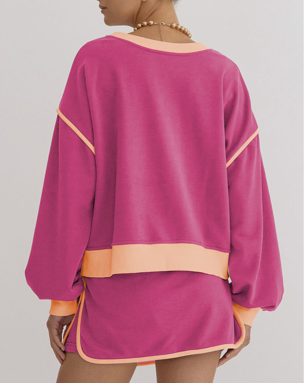 Color Contrast Loose Pullover and Lace-up Waist Skort Set