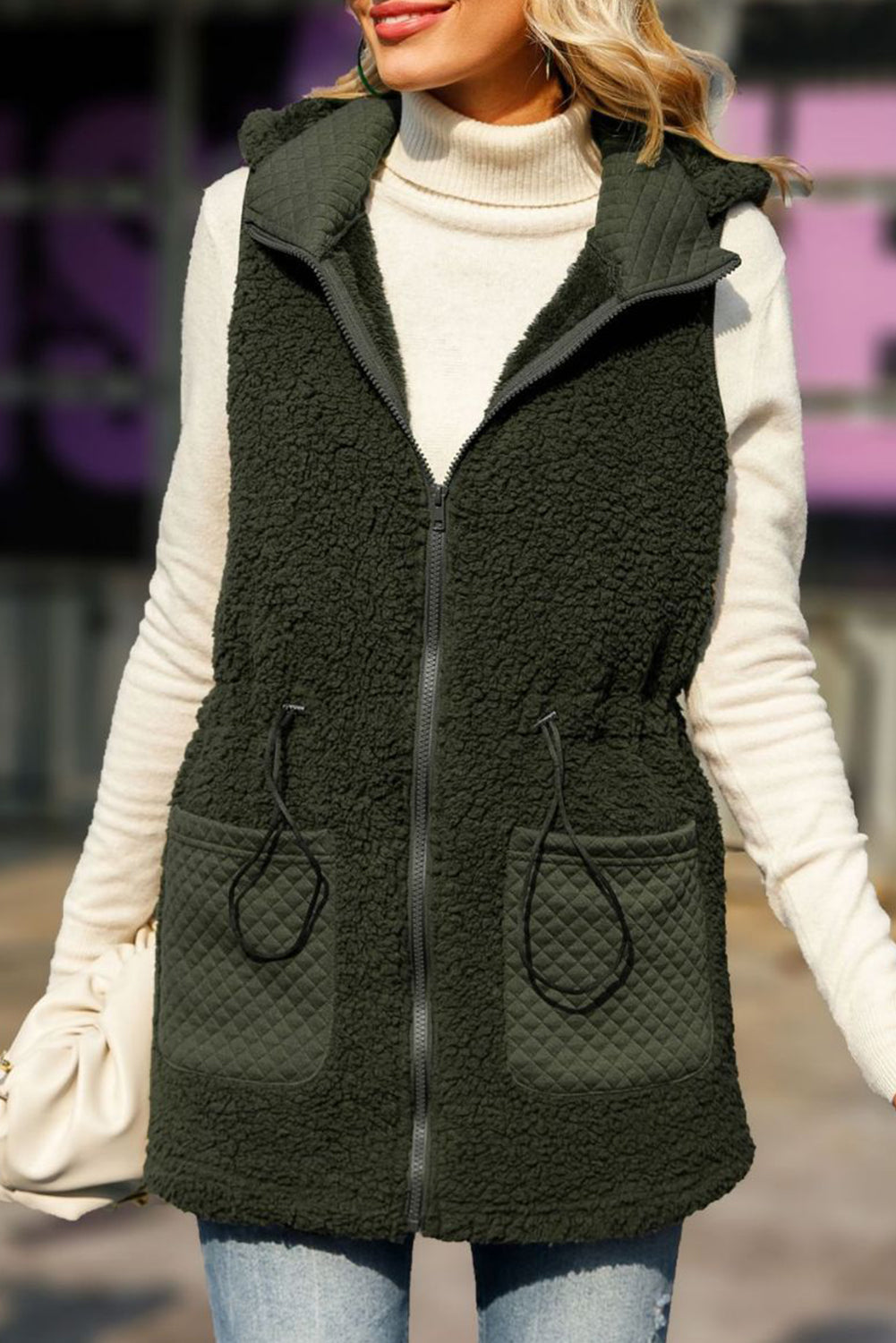 Quilted Side Pockets Stand Neck Hooded Plush Tunic Vest