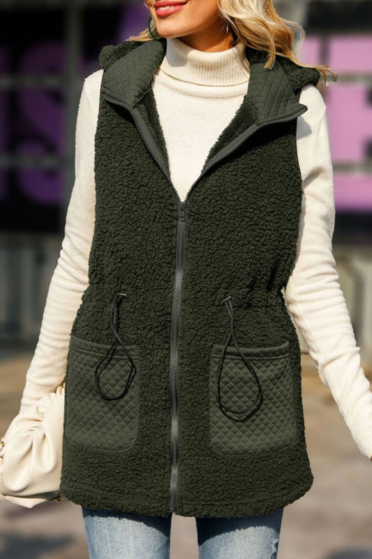 Quilted Side Pockets Stand Neck Hooded Plush Tunic Vest