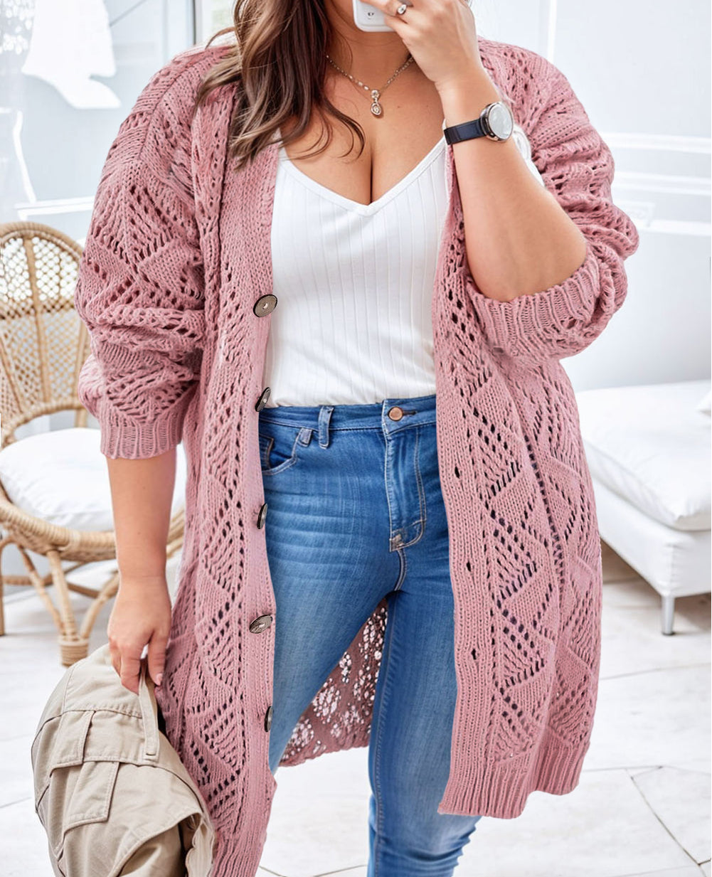 Open Knit Button-Up Plus Size Cardigan