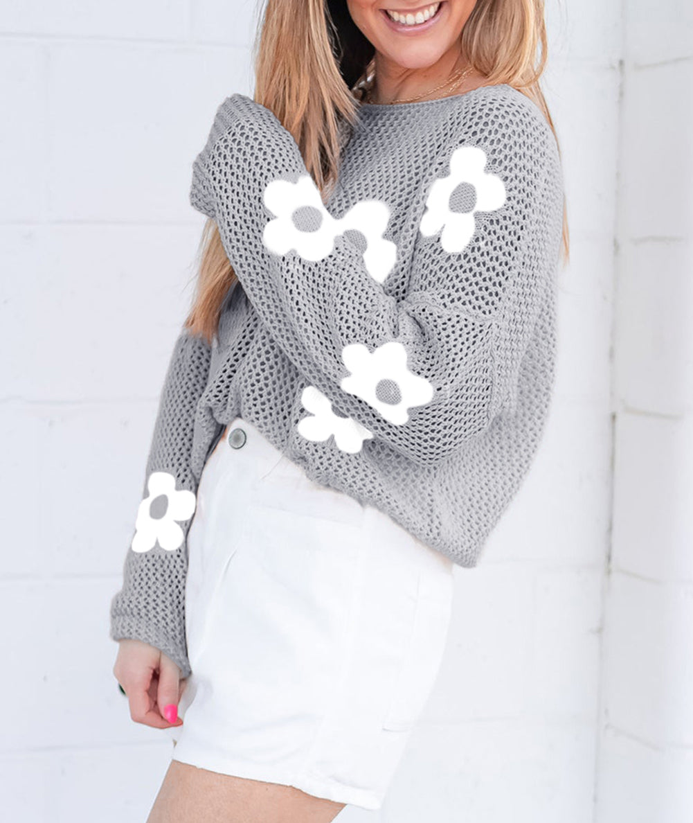 Big Flower Hollowed Knit Drop Shoulder Sweater
