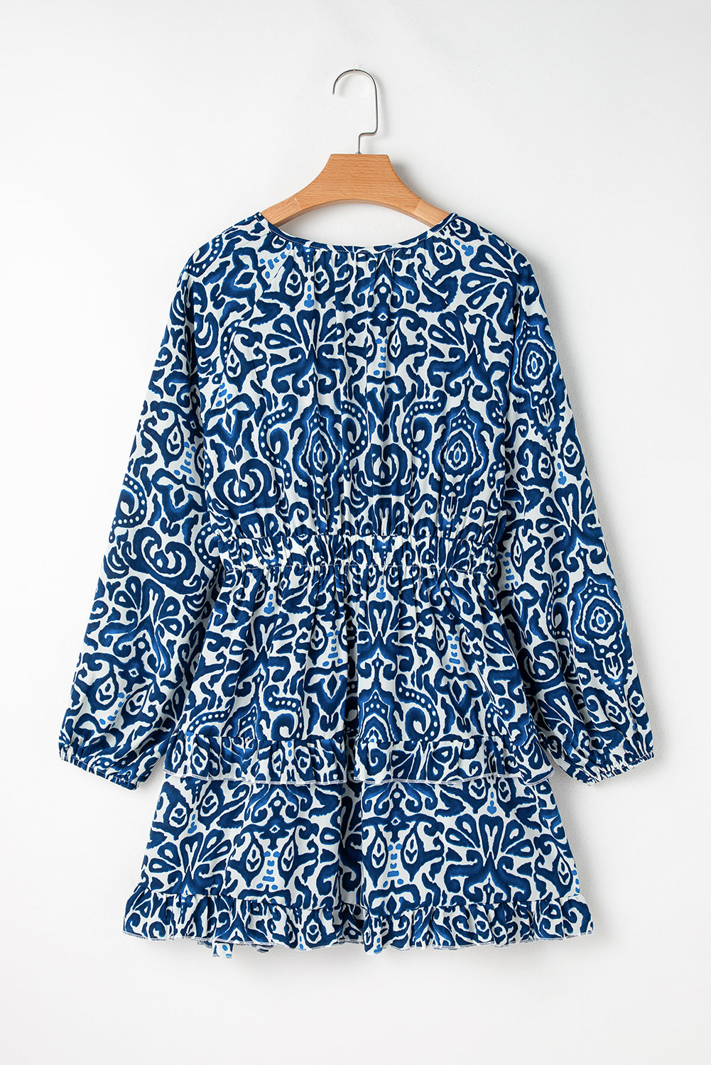 Vintage Print Lace up V Neck Long Sleeve Mini Dress