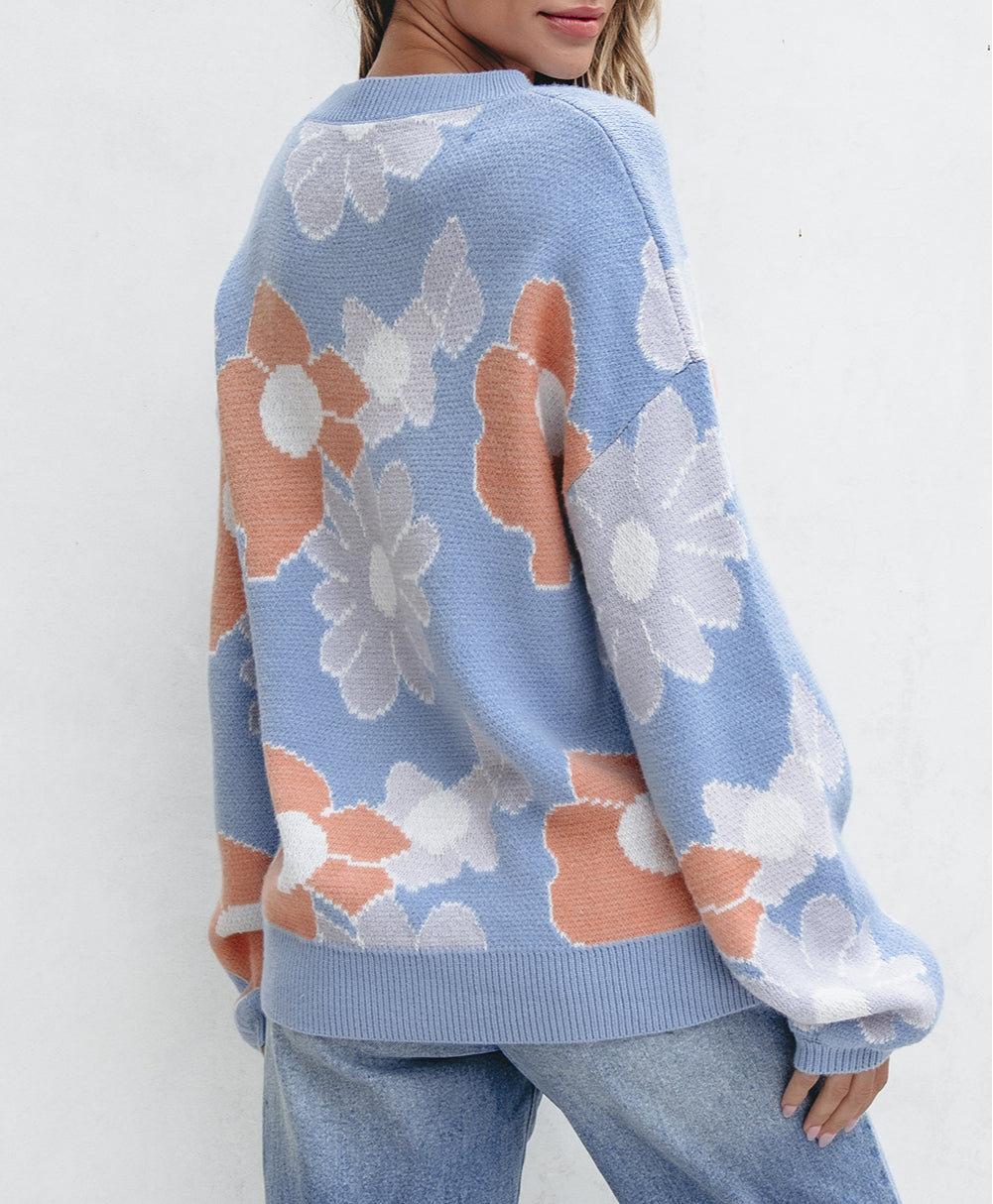 Floral O Neck Drop Shoulder Knitted Sweater