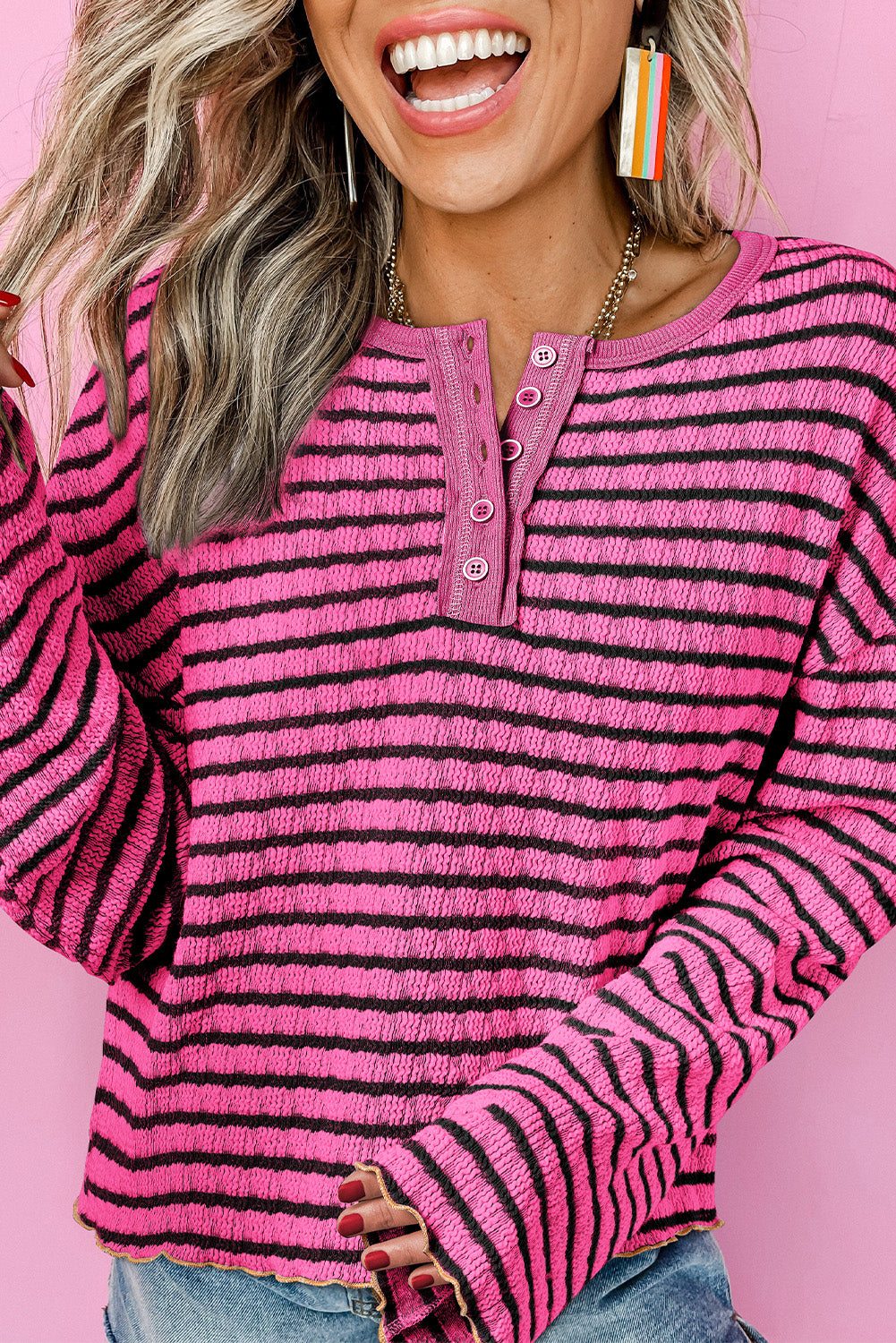 Stripe Textured Frilly Trim Buttons Henley Long Sleeve Top