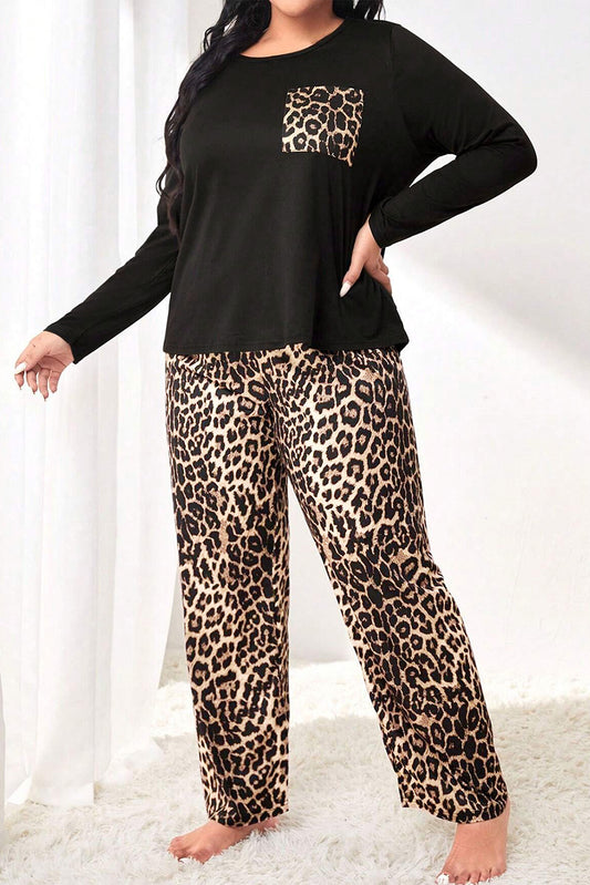 Leopard Patched Pocket Long Sleeve Top Plus Size Pants Set