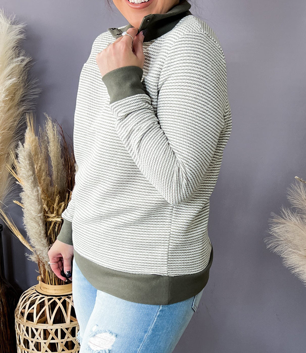 Striped Contrasting Trim Plus Size Henley Pullover
