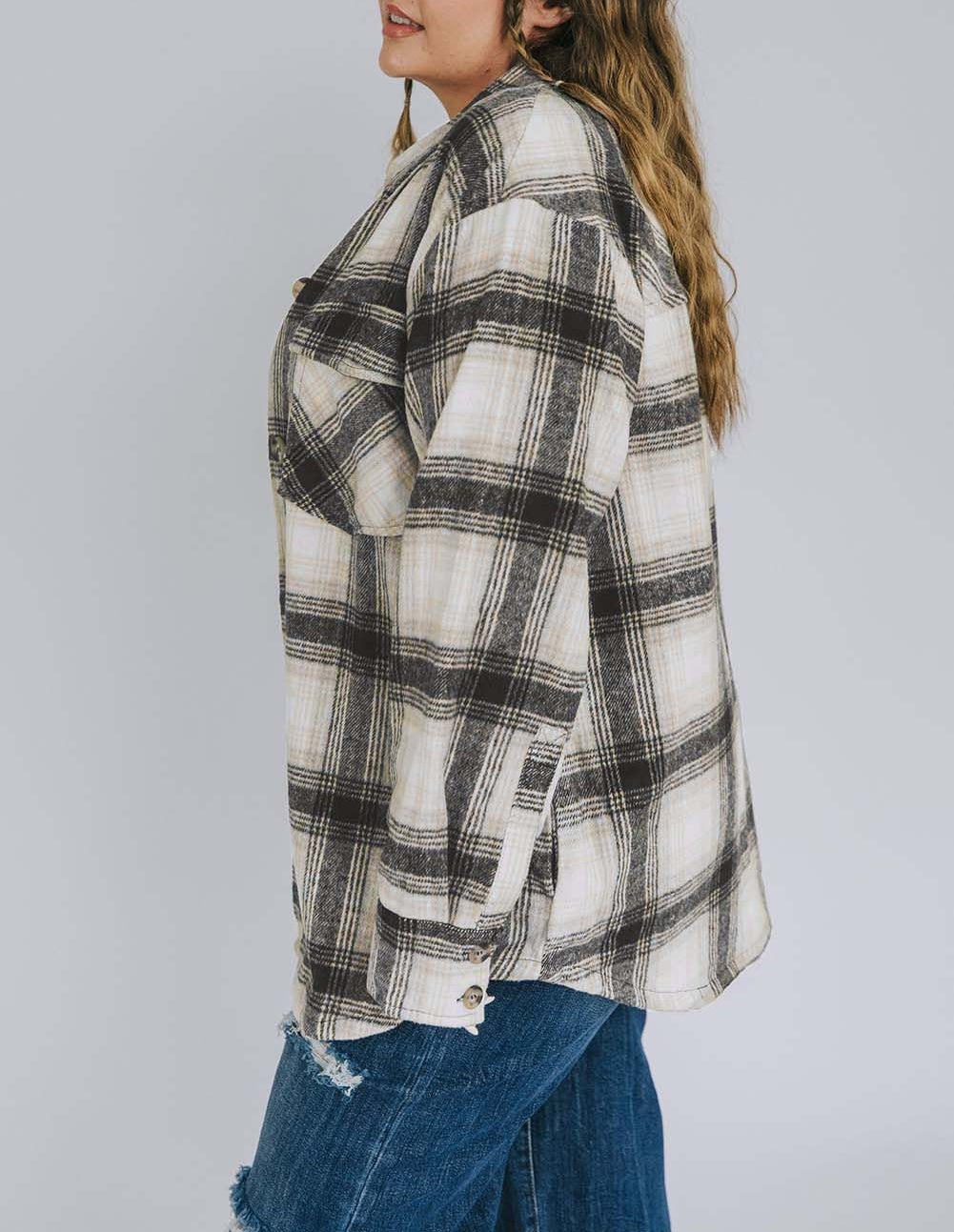 Plus Size Brushed Plaid Flap Pocket Shacket