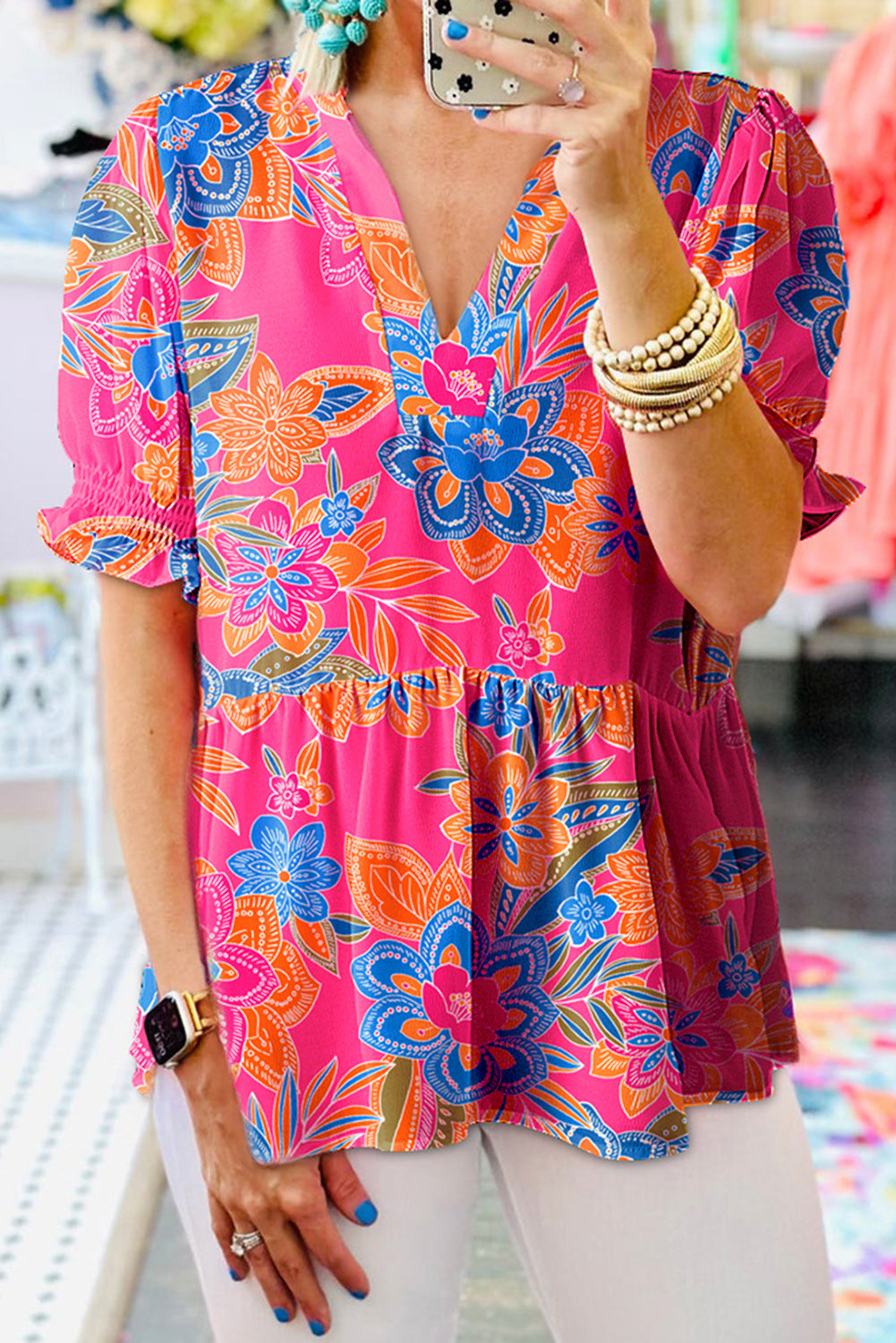Abstract Print Smocked Puff Sleeve V Neck Blouse