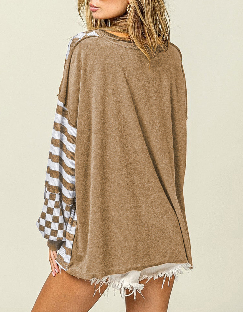 Patchwork Lantern Sleeve Pocketed Blouse