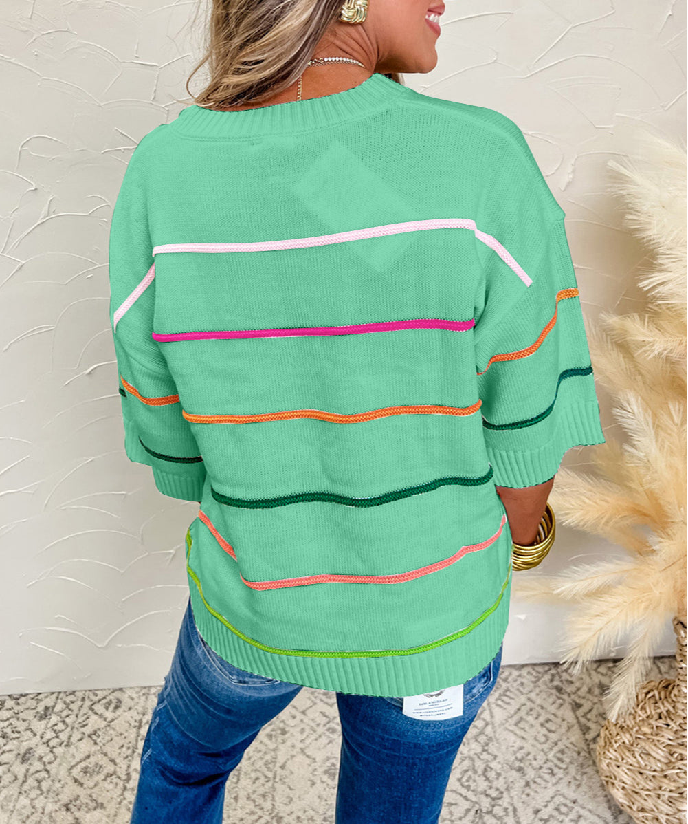 Colorblock Striped Half Sleeve Drop Shoulder Sweater