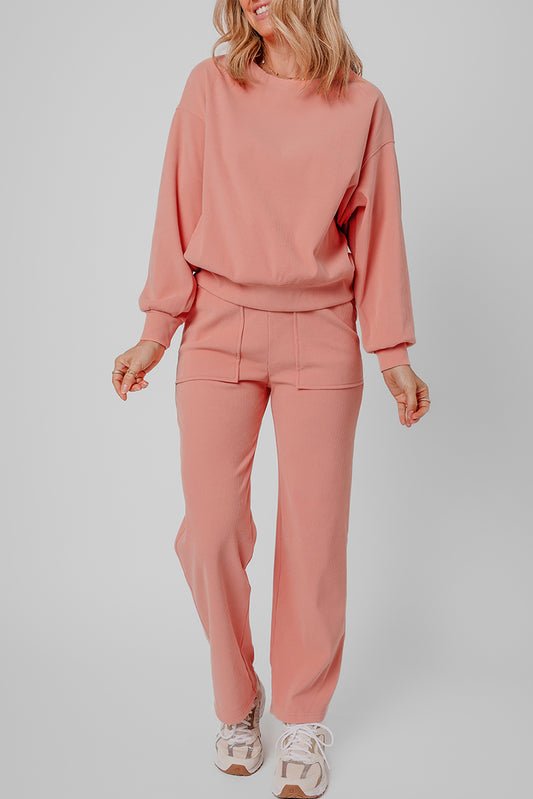 Ribbed Knit Drop Shoulder Pocketed Two Piece Lounge Set