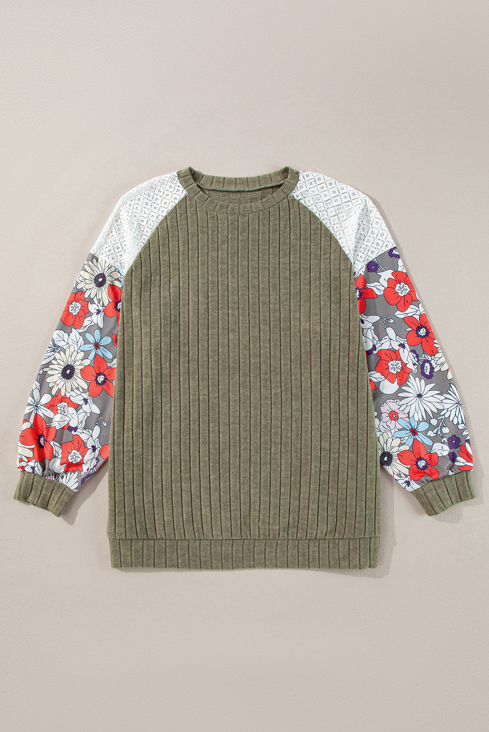 Plus Size Textured Floral Patchwork Raglan Sleeve Blouse