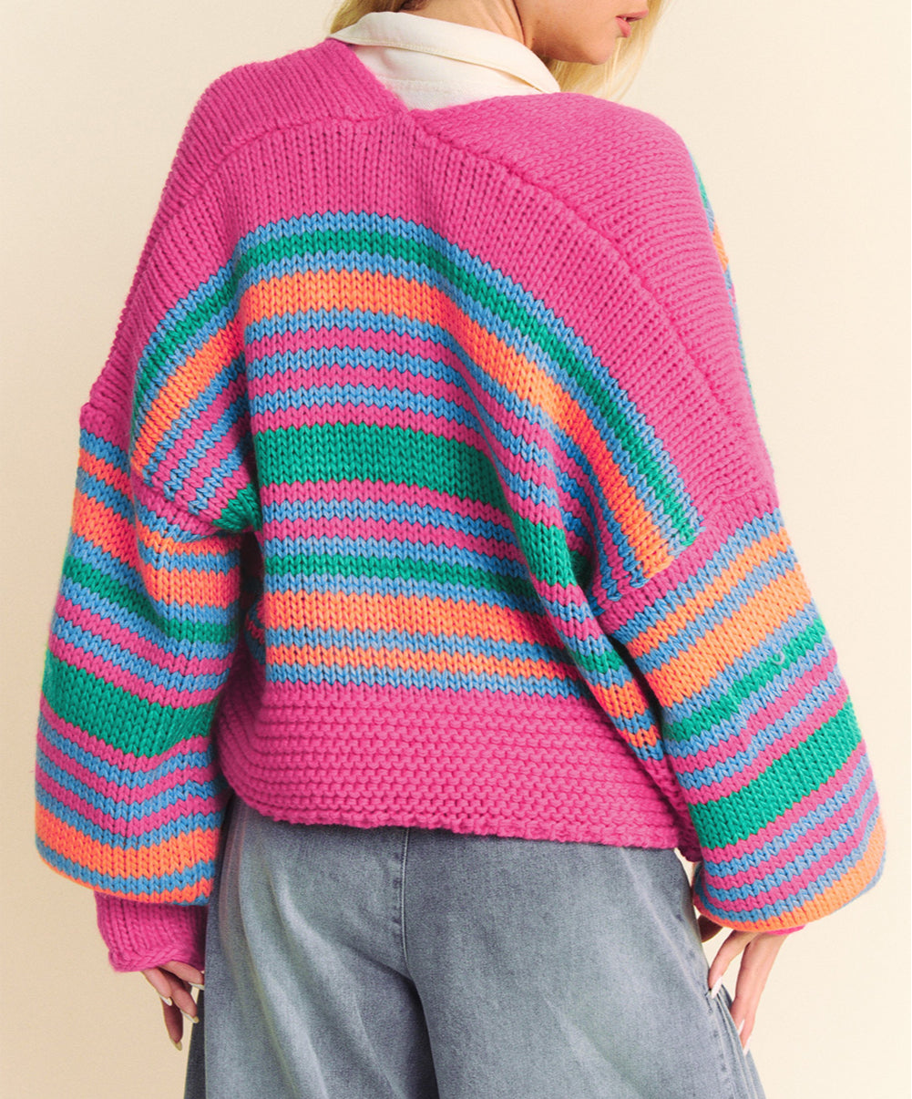 Stripe Colorful Puff Sleeve Drop Shoulder Loose Cardigan