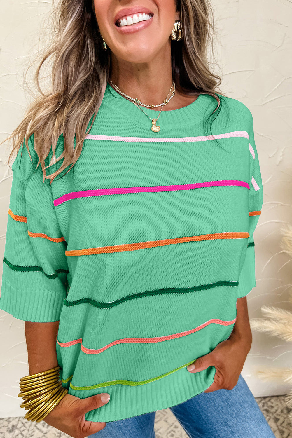 Colorblock Striped Half Sleeve Drop Shoulder Sweater