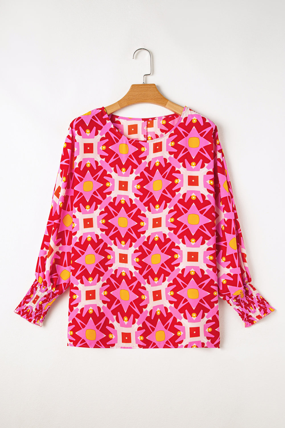 Geometric Print Shirred Cuff 3/4 Sleeve Loose Blouse