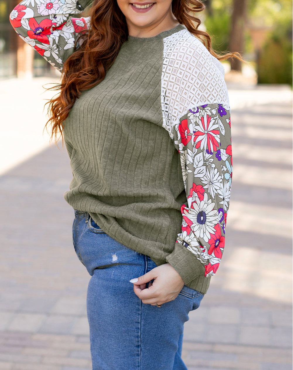 Plus Size Textured Floral Patchwork Raglan Sleeve Blouse