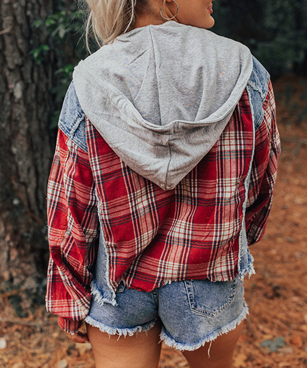 Plaid Print Patchwork Hooded Raw Hem Denim Jacket