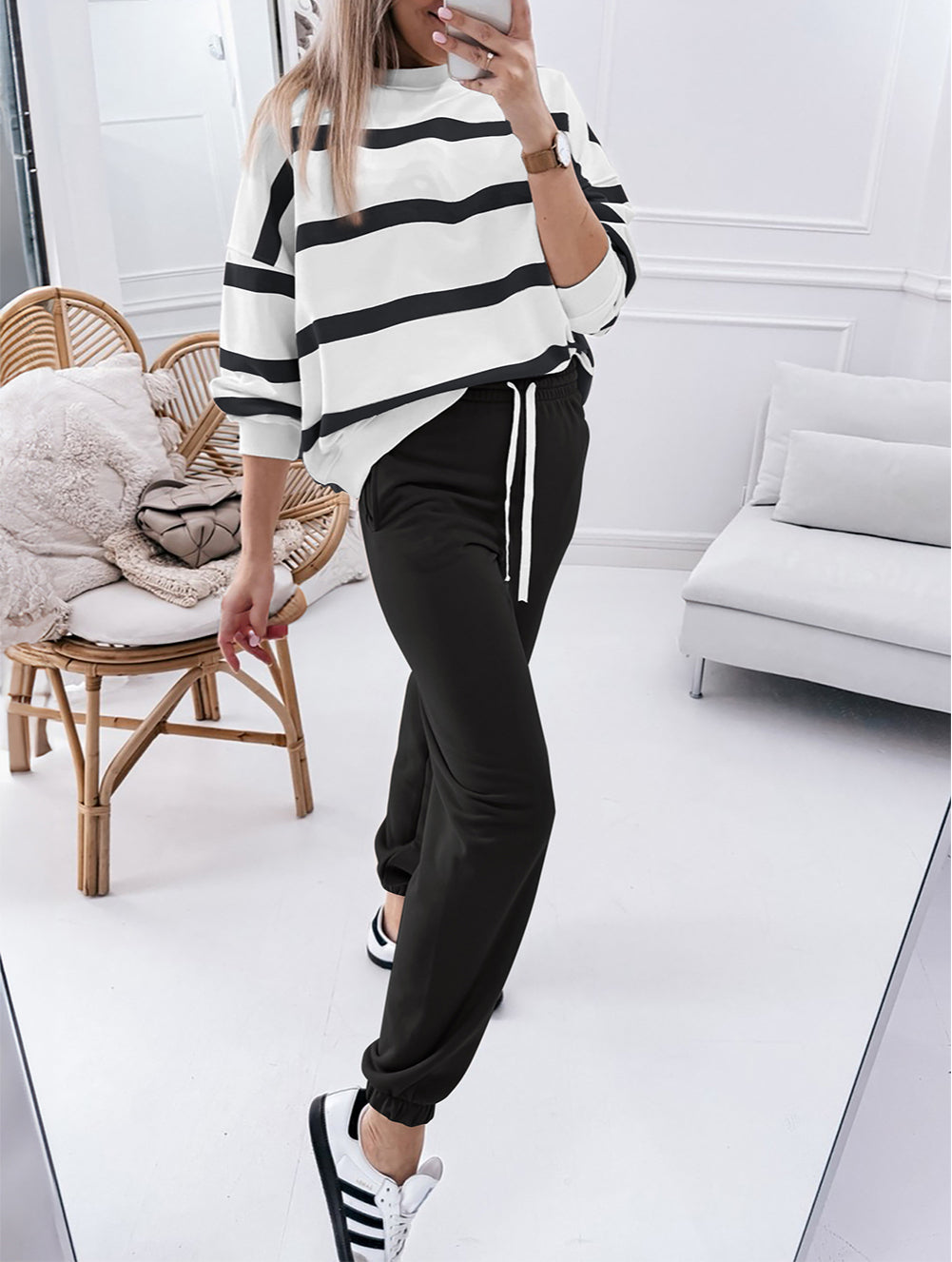 Stripe Drop Shoulder Pullover and Jogger Pants Set