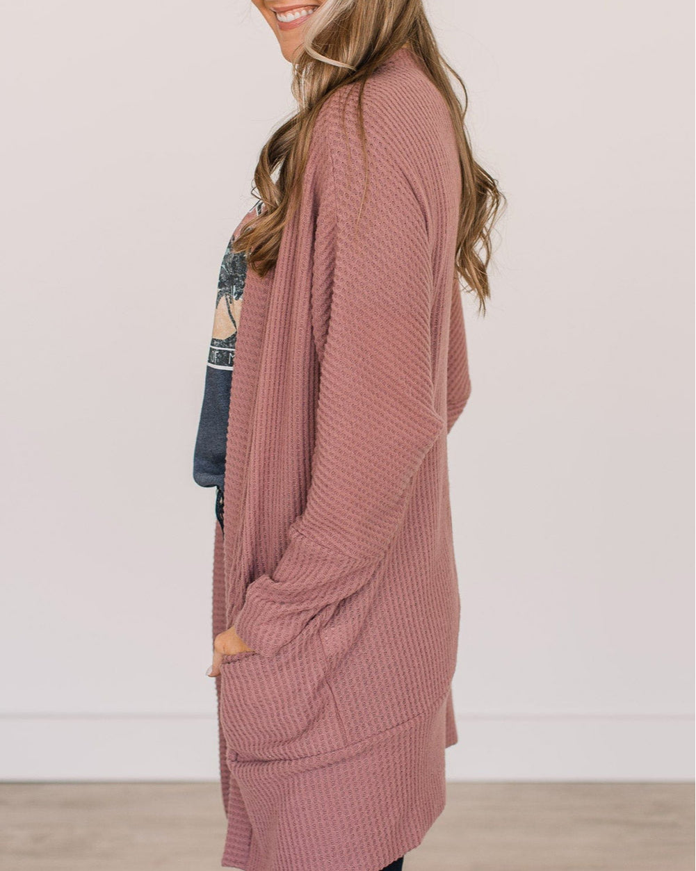 Solid Color Waffle Knit Cardigan with Pocket