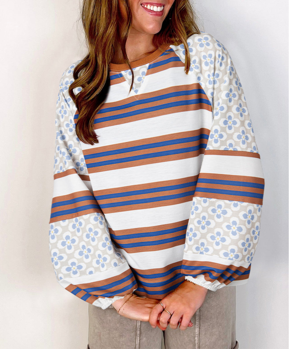 Striped Floral Printed Patchwork Lantern Sleeve Blouse
