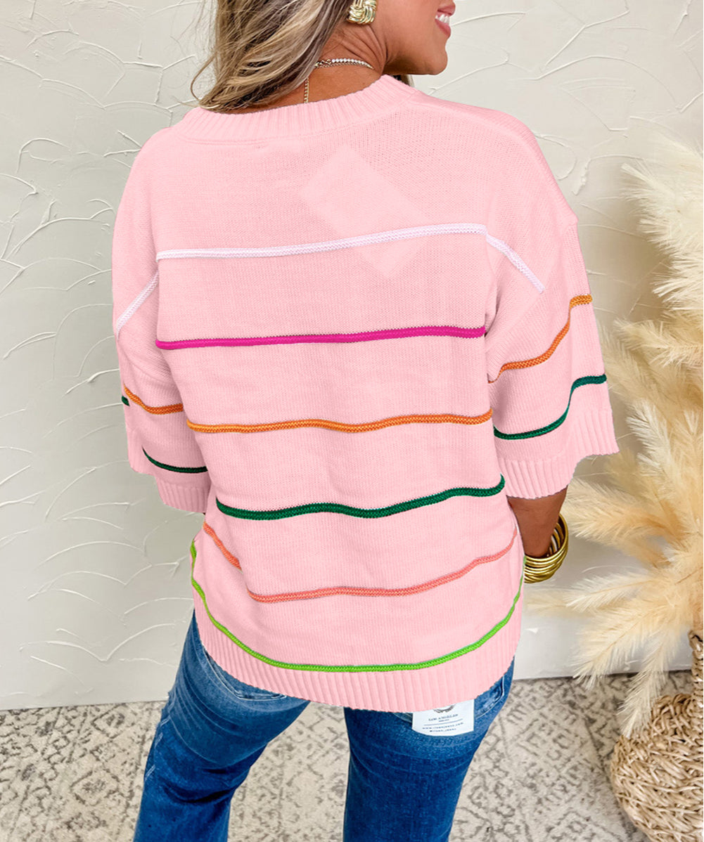 Colorblock Striped Half Sleeve Drop Shoulder Sweater