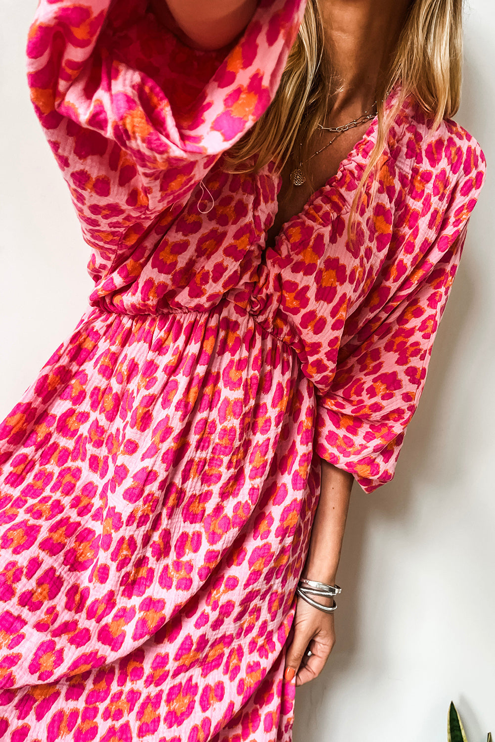 Leopard Print Elasticated V Neck 3/4 Puff Sleeve Dress