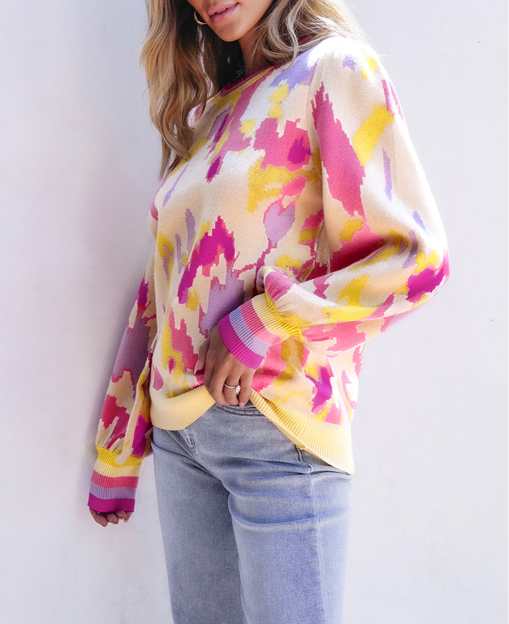 Abstract Print Colorblock Balloon Sleeve Sweater