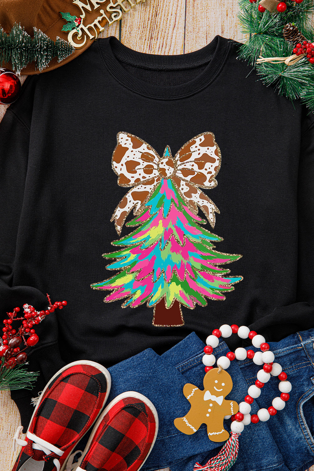 Bowknot Christmas Tree Shiny Graphic Sweatshirt