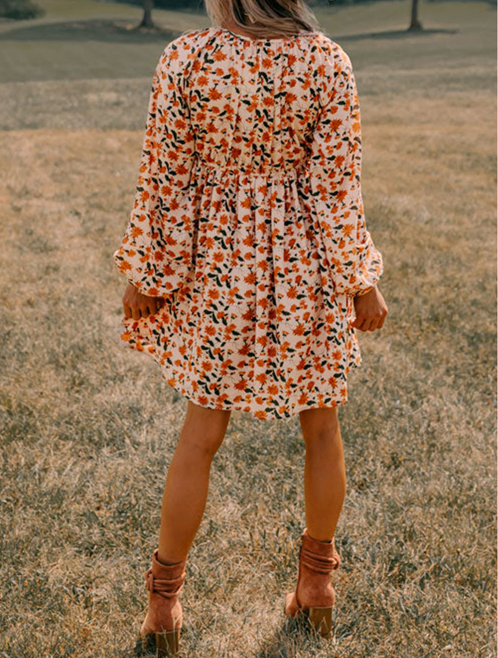 Floral Deep V Neck Smocked Bust Bubble Sleeve Babydoll Dress