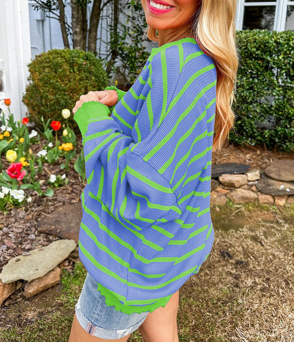 Stripe Trimmed Round Neck Drop Shoulder Loose Sweater