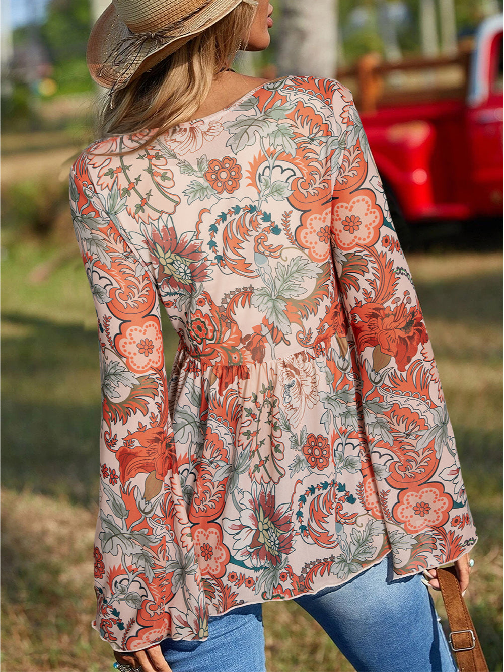 Floral Print Deep V Neck Knot Bell Sleeve Blouse