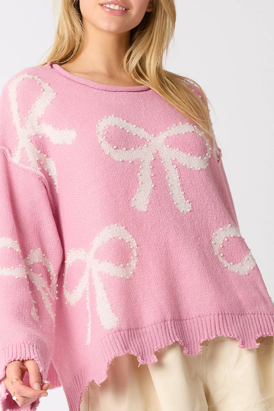 Pearl Beaded Bowknot Pattern Distressed Split Hem Sweater